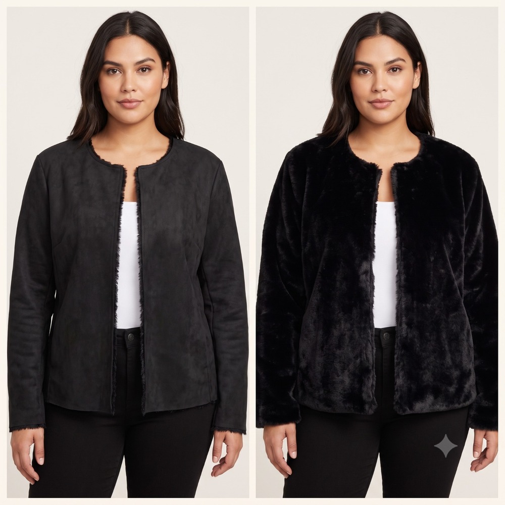 dylan by TRUE GRIT Size Large Black Faux Suede Faux Fur Collarless Winter Jacket